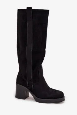 Kozaki Damskie Ocieplane Na Masywnym Słupku Czarne Sanelle