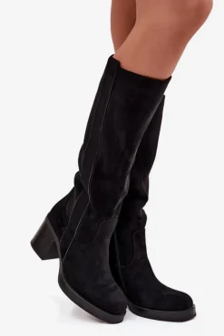 Kozaki Damskie Ocieplane Na Masywnym Słupku Czarne Sanelle