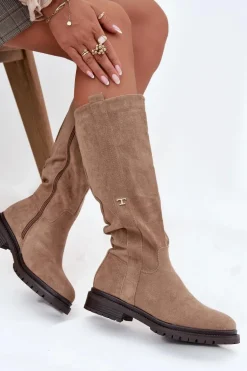 Kozaki Damskie Ocieplane Na płaskim Obcasie Eko Zamszowe Ciemnobeżowe Delyssa