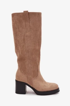 Kozaki Damskie Ocieplane Na Masywnym Słupku Beżowe Sanelle