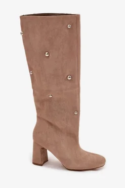 Kozaki Damskie Ocieplane Na Słupku Z Ozdobnymi Detalami Beżowe Lucinda