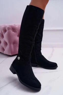 Kozaki Damskie Płaskie Do Kolan Czarne Xomea