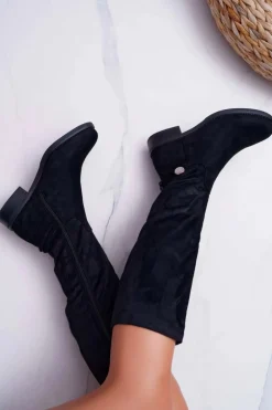 Kozaki Damskie Płaskie Do Kolan Czarne Xomea