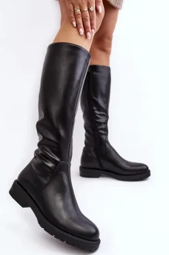 Kozaki Damskie Płaskie Przed Kolano Ocieplane Czarne Saraseini