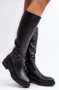 Kozaki Damskie Płaskie Przed Kolano Ocieplane Czarne Saraseini