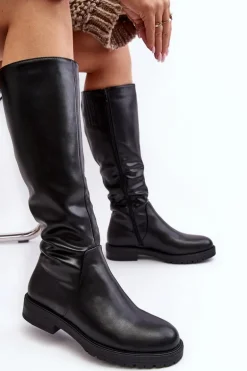 Kozaki Damskie Płaskie Przed Kolano Ocieplane Czarne Saraseini