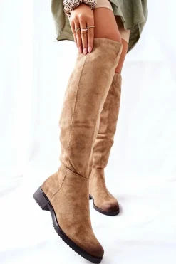 Kozaki Damskie Płaskie Zamszowe Beżowe Ardmore