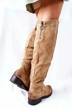 Kozaki Damskie Płaskie Zamszowe Beżowe Ardmore