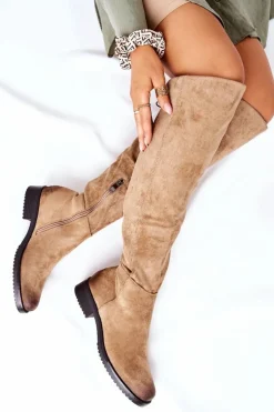 Kozaki Damskie Płaskie Zamszowe Beżowe Ardmore