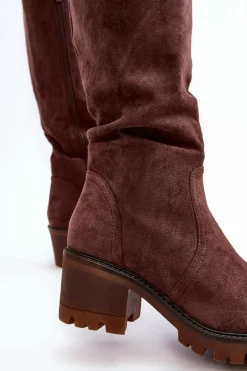 Kozaki Damskie Przed Kolano Na Niskim Obcasie Ciemnobrązowe Beveta