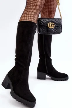 Kozaki Damskie Przed Kolano Na Niskim Obcasie Czarne Beveta