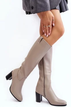 Kozaki Damskie Przed Kolano Na Słupku Szare Nelamessa