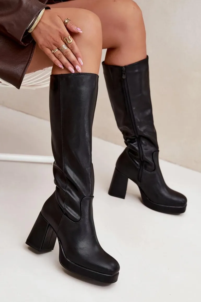 Kozaki Damskie Przed Kolano Na Zamek Obcas Słupek Czarne Selvia