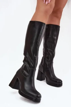 Kozaki Damskie Przed Kolano Na Zamek Obcas Słupek Czarne Selvia