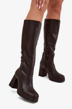 Kozaki Damskie Przed Kolano Na Zamek Obcas Słupek Czekoladowe Selvia