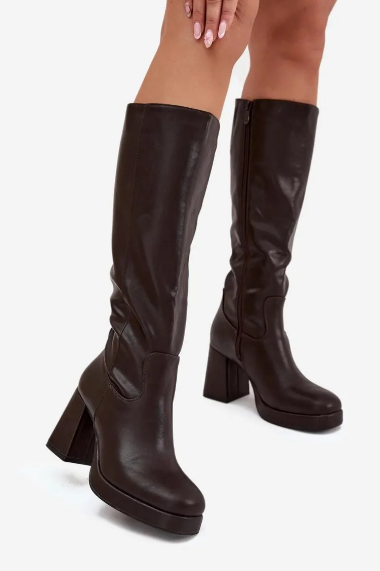 Kozaki Damskie Przed Kolano Na Zamek Obcas Słupek Czekoladowe Selvia