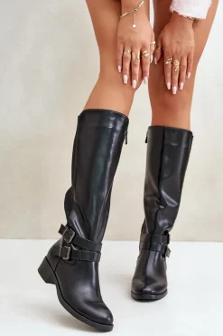 Kozaki Damskie Przed Kolano Na Płaskim Obcasie Z Klamrami Czarne Lotina