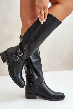 Kozaki Damskie Przed Kolano Na Płaskim Obcasie Z Klamrami Czarne Lotina