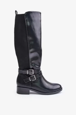 Kozaki Damskie Przed Kolano Na Płaskim Obcasie Z Klamrami Czarne Lotina