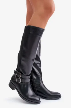 Kozaki Damskie Przed Kolano Na Płaskim Obcasie Z Klamrami Czarne Lotina