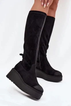 Kozaki Damskie Przed Kolano Na Platformie I Koturnie Vinceza 58342 Czarne
