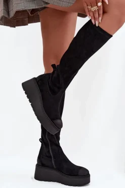 Kozaki Damskie Przed Kolano Na Platformie I Koturnie Vinceza 58342 Czarne