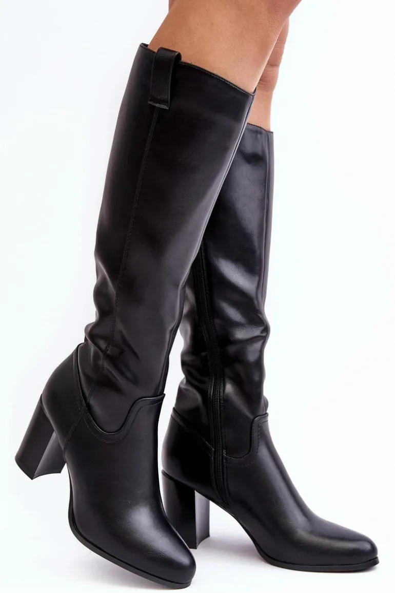 Kozaki Damskie Przed Kolano Na Słupku Czarne Nelamessa