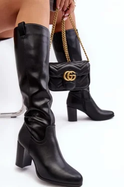 Kozaki Damskie Przed Kolano Na Słupku Czarne Nelamessa