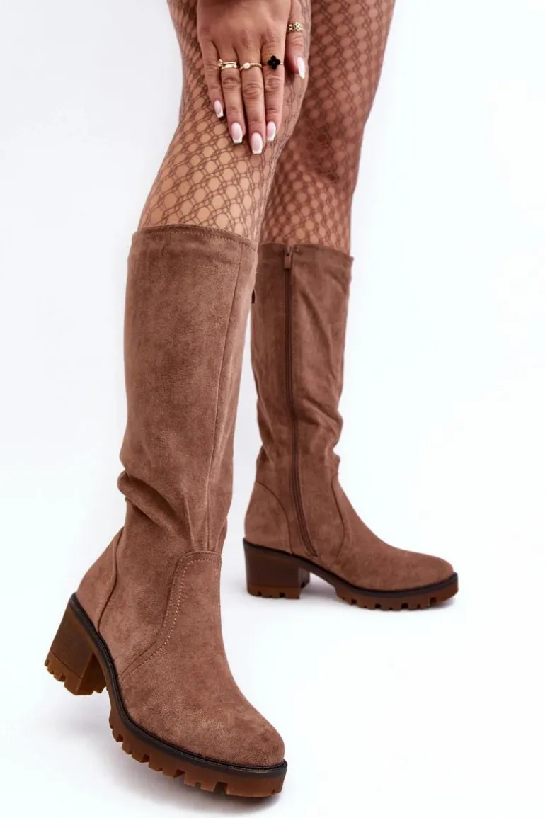 Kozaki Damskie Przed Kolano Na Niskim Obcasie Brązowe Beveta