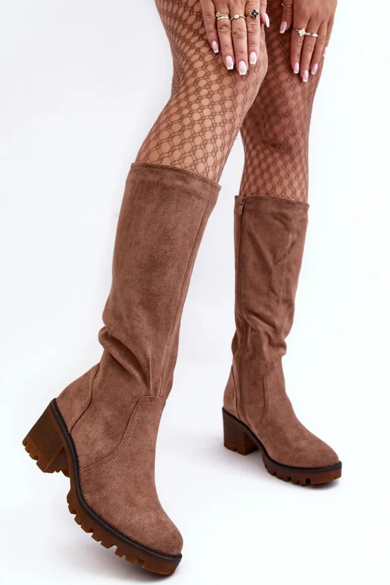 Kozaki Damskie Przed Kolano Na Niskim Obcasie Brązowe Beveta