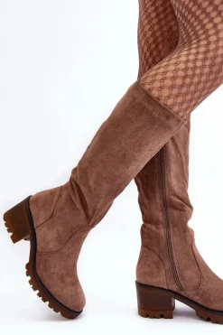 Kozaki Damskie Przed Kolano Na Niskim Obcasie Brązowe Beveta