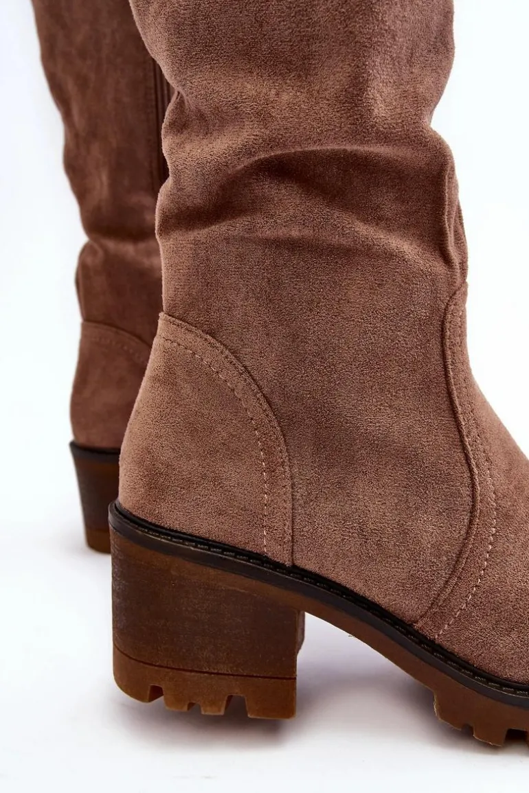 Kozaki Damskie Przed Kolano Na Niskim Obcasie Brązowe Beveta