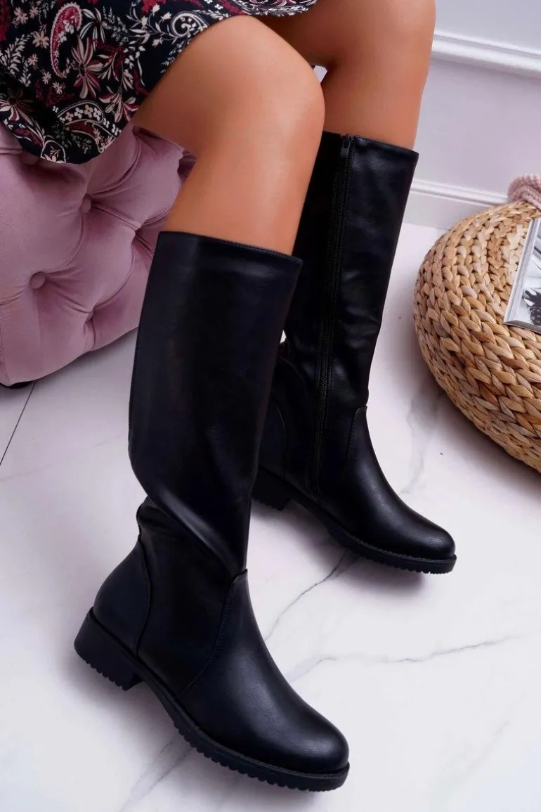 Kozaki Damskie Sergio Leone Z Gumką w Cholewce Ocieplane Czarne KZ528