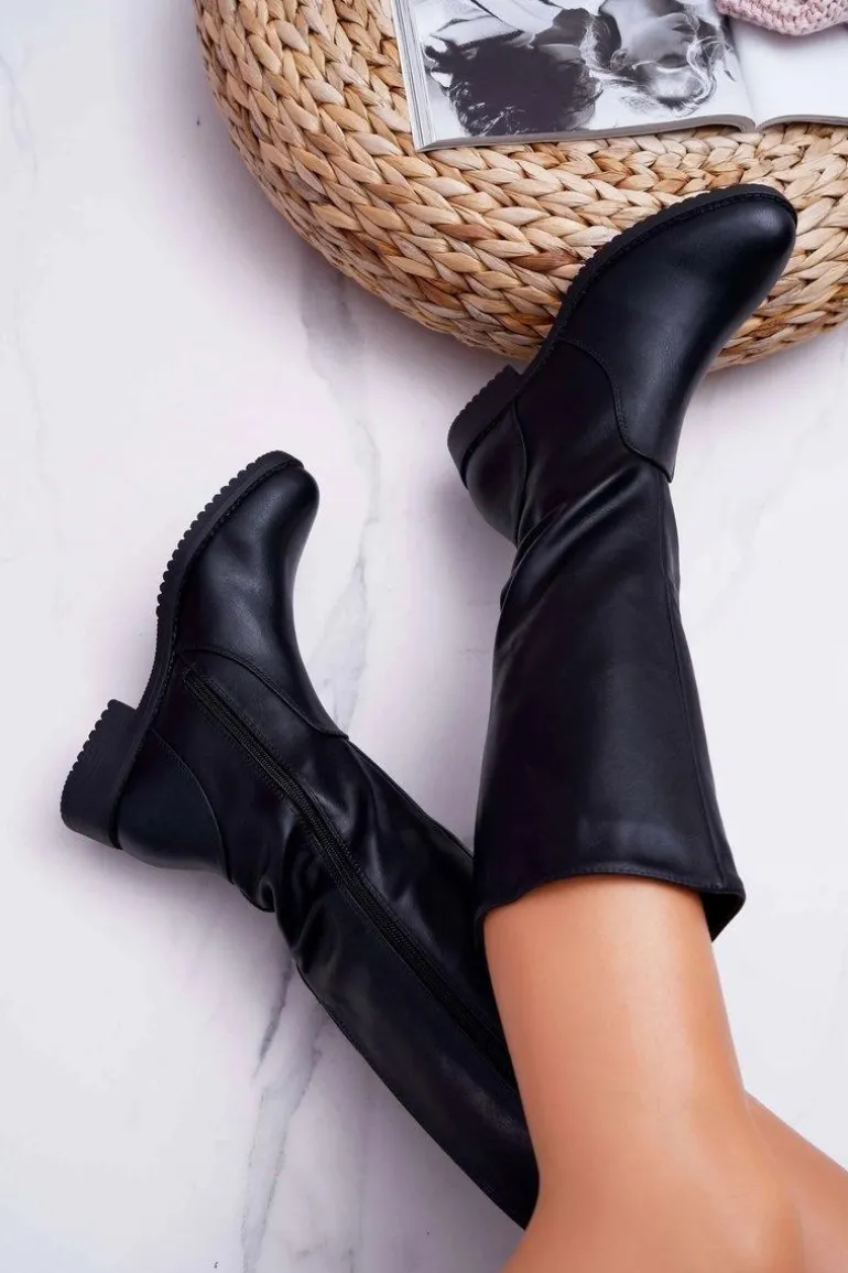 Kozaki Damskie Sergio Leone Z Gumką w Cholewce Ocieplane Czarne KZ528