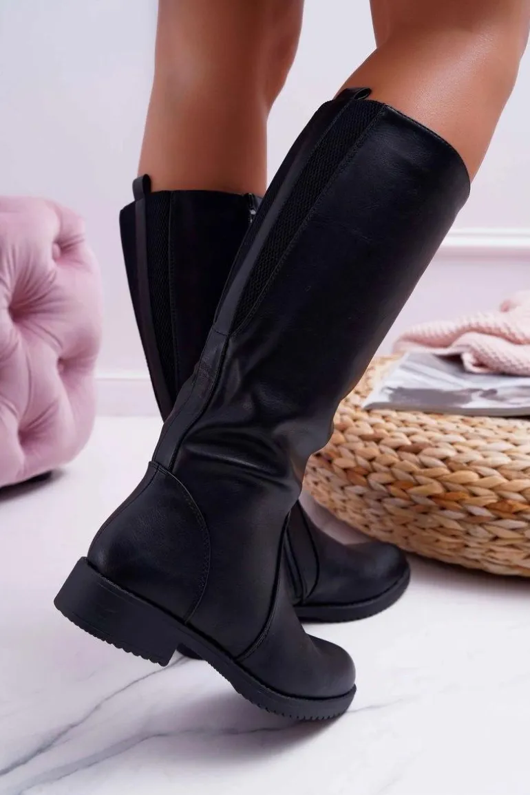 Kozaki Damskie Sergio Leone Z Gumką w Cholewce Ocieplane Czarne KZ528