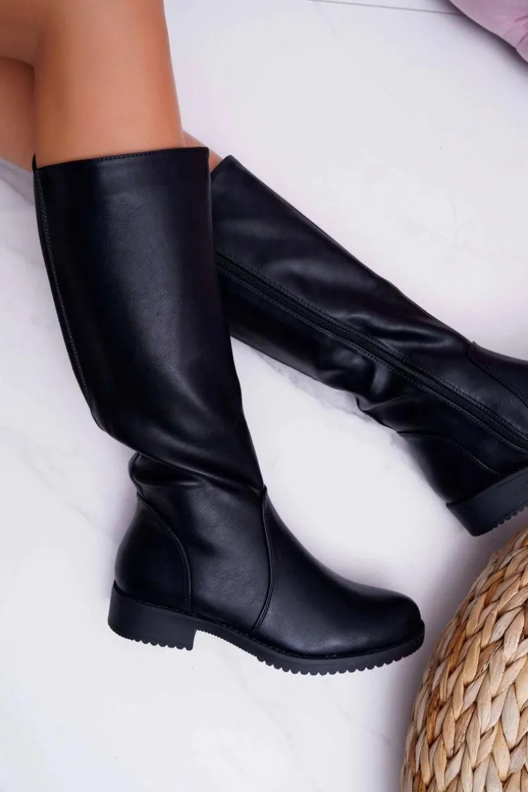 Kozaki Damskie Sergio Leone Z Gumką w Cholewce Ocieplane Czarne KZ528