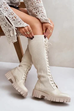 Kozaki Damskie Skarpetkowe Sznurowane Na Płaskim Obcasie Beżowe Vamisha