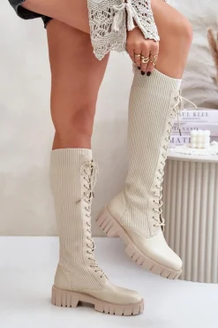 Kozaki Damskie Skarpetkowe Sznurowane Na Płaskim Obcasie Beżowe Vamisha