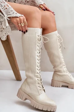 Kozaki Damskie Skarpetkowe Sznurowane Na Płaskim Obcasie Beżowe Vamisha