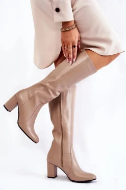 Kozaki Damskie Skórzane Laura Messi Beżowe 1415