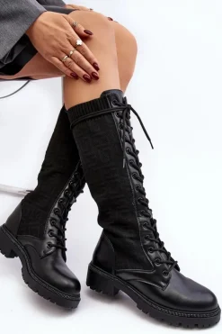 Kozaki Damskie Sznurowane Z Elastyczną Cholewką Czarne Virxinia