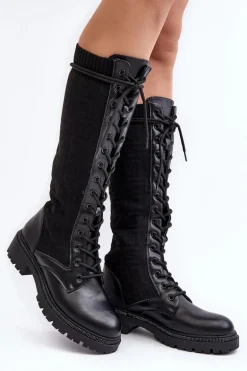 Kozaki Damskie Sznurowane Z Elastyczną Cholewką Czarne Virxinia