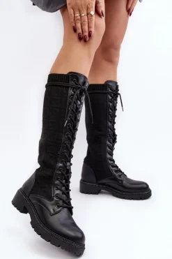 Kozaki Damskie Sznurowane Z Elastyczną Cholewką Czarne Virxinia