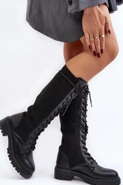 Kozaki Damskie Sznurowane Z Elastyczną Cholewką Czarne Virxinia