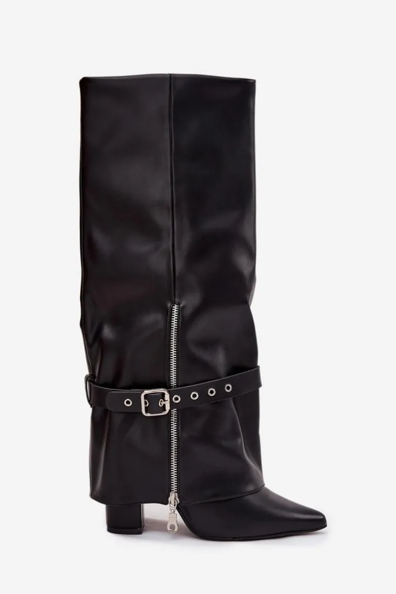 Kozaki Damskie Wsuwane Na Słupku Z Ozdobnym Paskiem Eko Skórzane Czarne Jolivine