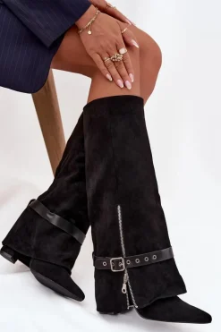 Kozaki Damskie Wsuwane Na Słupku Z Ozdobnym Paskiem Czarne Jolivine