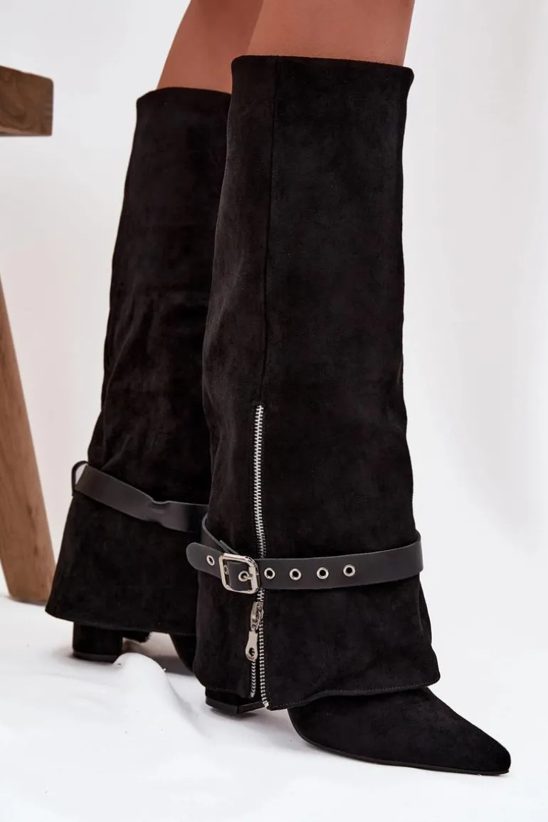 Kozaki Damskie Wsuwane Na Słupku Z Ozdobnym Paskiem Czarne Jolivine