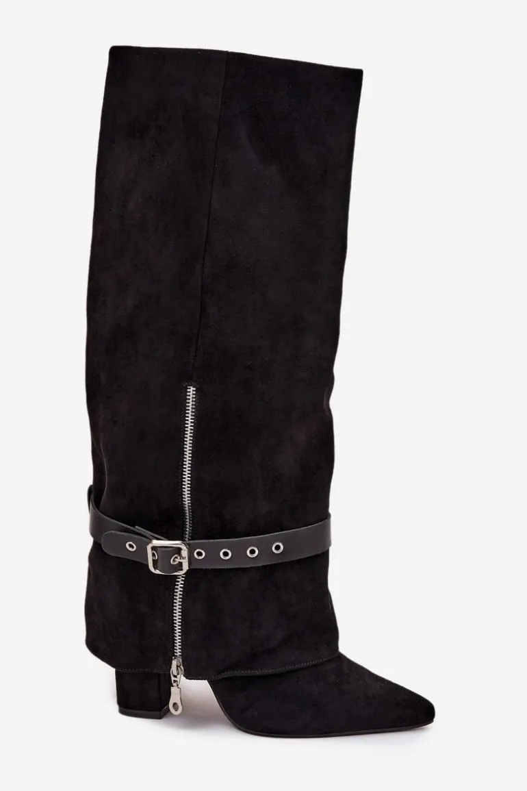 Kozaki Damskie Wsuwane Na Słupku Z Ozdobnym Paskiem Czarne Jolivine