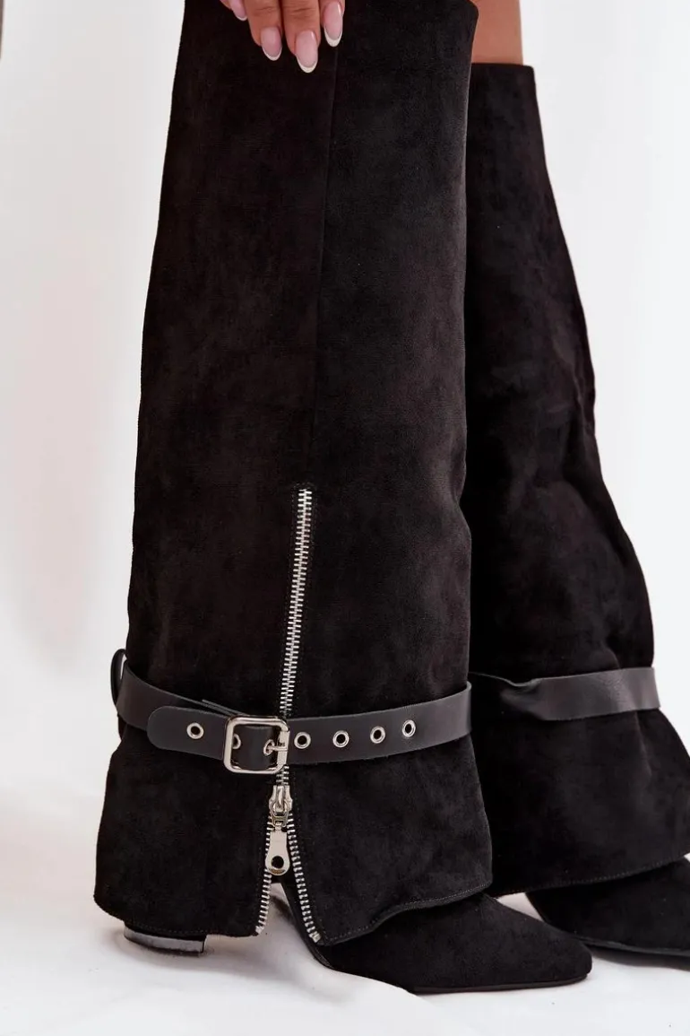 Kozaki Damskie Wsuwane Na Słupku Z Ozdobnym Paskiem Czarne Jolivine