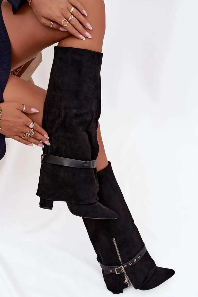 Kozaki Damskie Wsuwane Na Słupku Z Ozdobnym Paskiem Czarne Jolivine